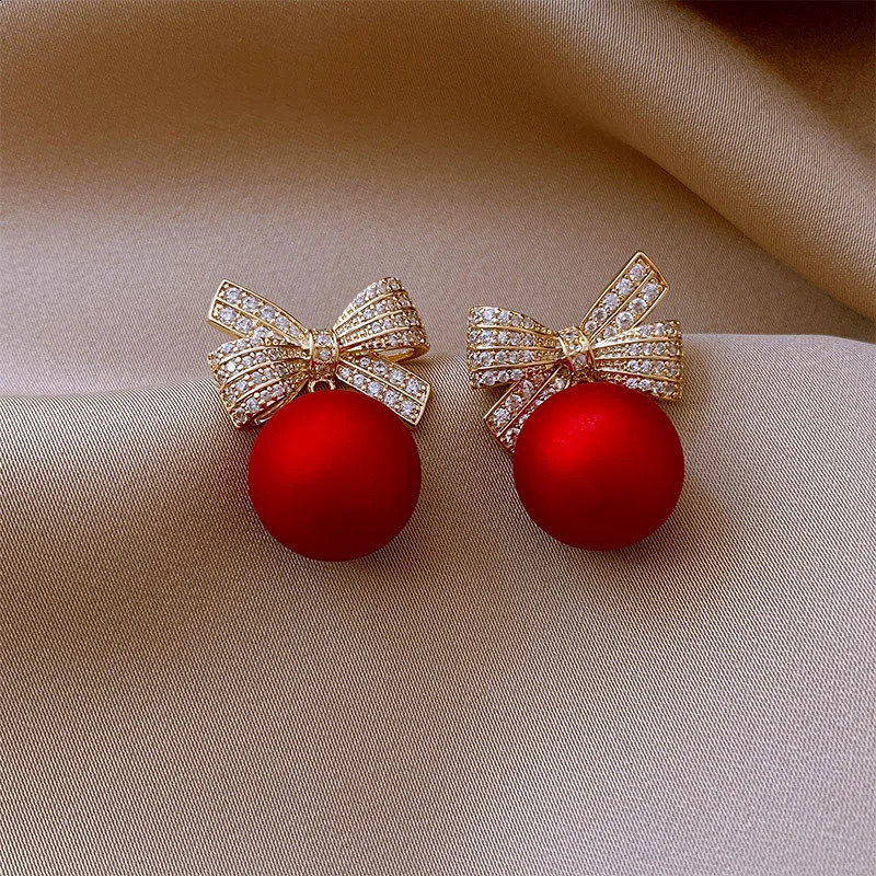 Fashion Crystal Bow Knot Stud Earrings For Women Pearl Cherry Flowers Rhinestone Red Earring Party Christmas Jewelry Gifts261016