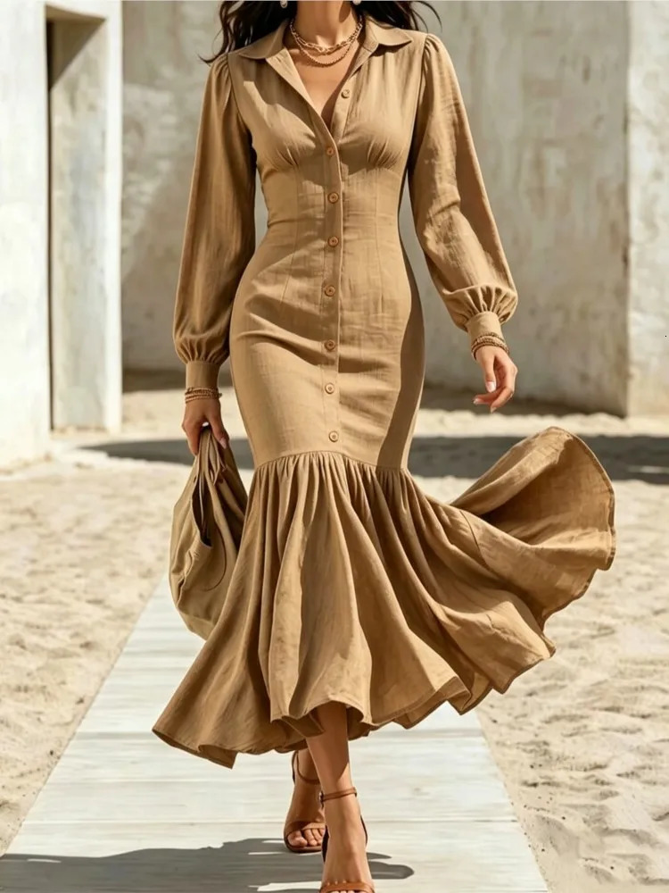 Sexy V-neck High Waisted Commuting Elegant Long Sleeved Women's Dress 2026 Spring And Autumn Solid Color Mesh Party Dress 261014