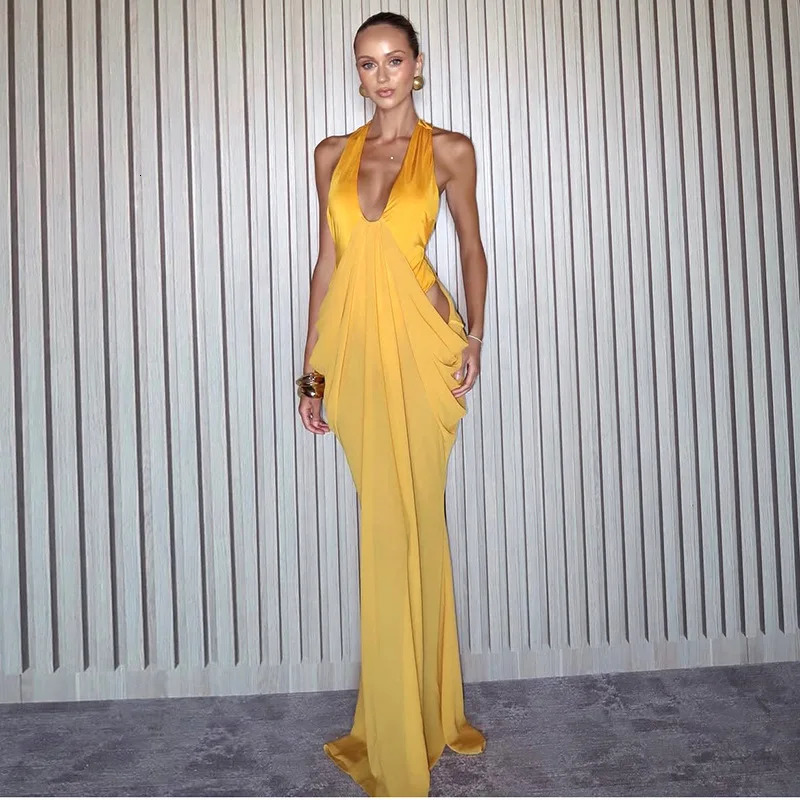 Halter Off Shoulder Sleeveless Sexy Maxi Dress Women See Through Party Club Outfit Summer V Neck Backless Dresses Beach Vacation 261015