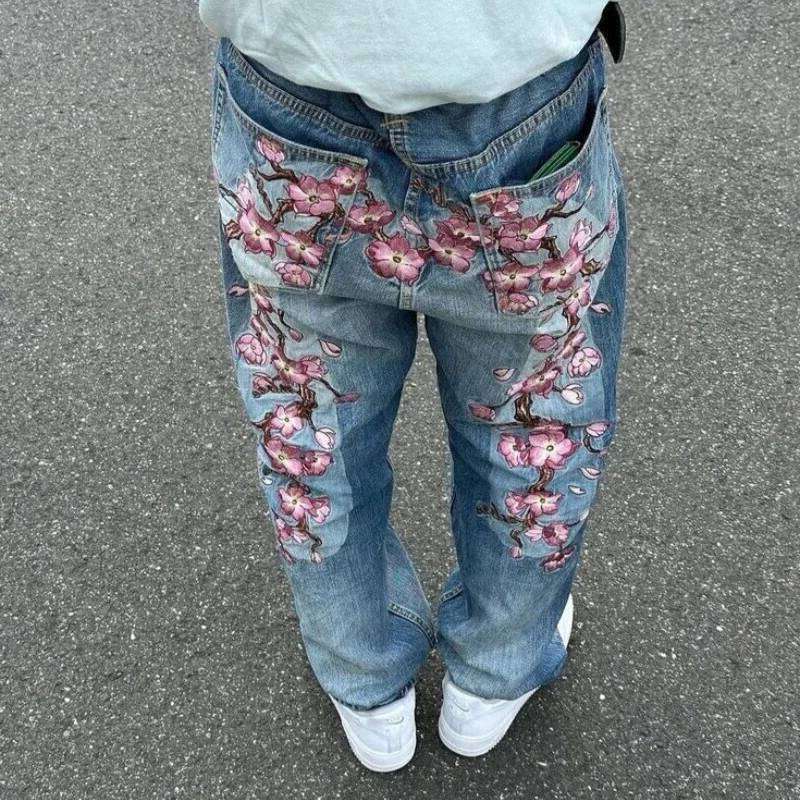 trousers Men Jeans American Gothic Retro Cherry Blossom Baggy Jeans Women's Harajuku Hip Hop Casual Joker Wide Trousers Street Wear Denim Pants