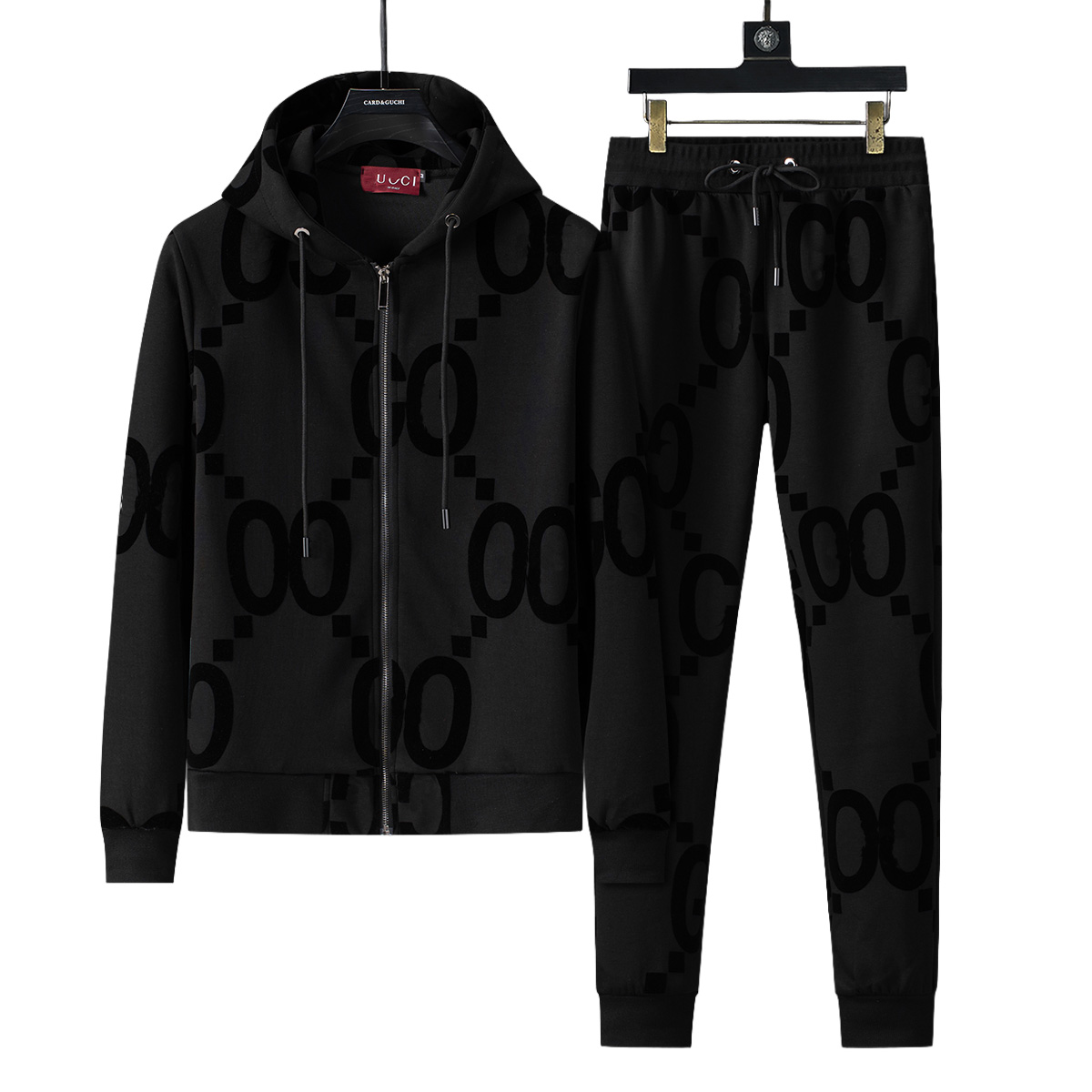New men's black hooded cardigan jacket and sweatpants set, made of soft fabric, with a drawstring at the waist, featuring a stylish black-and-w