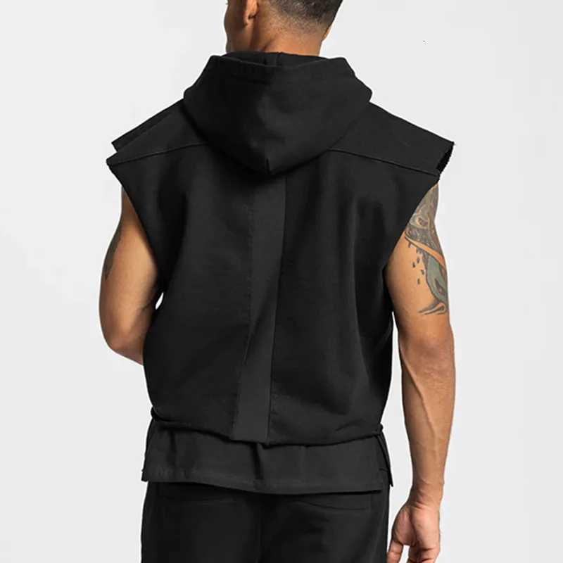 Multi-pocket Men's Mens Vests Gyms Bodybuilding Cotton Sleeveless Hooded Casual Biker Vest Sweatshirt Fitness Workout Sportswear Tops MaleW2610