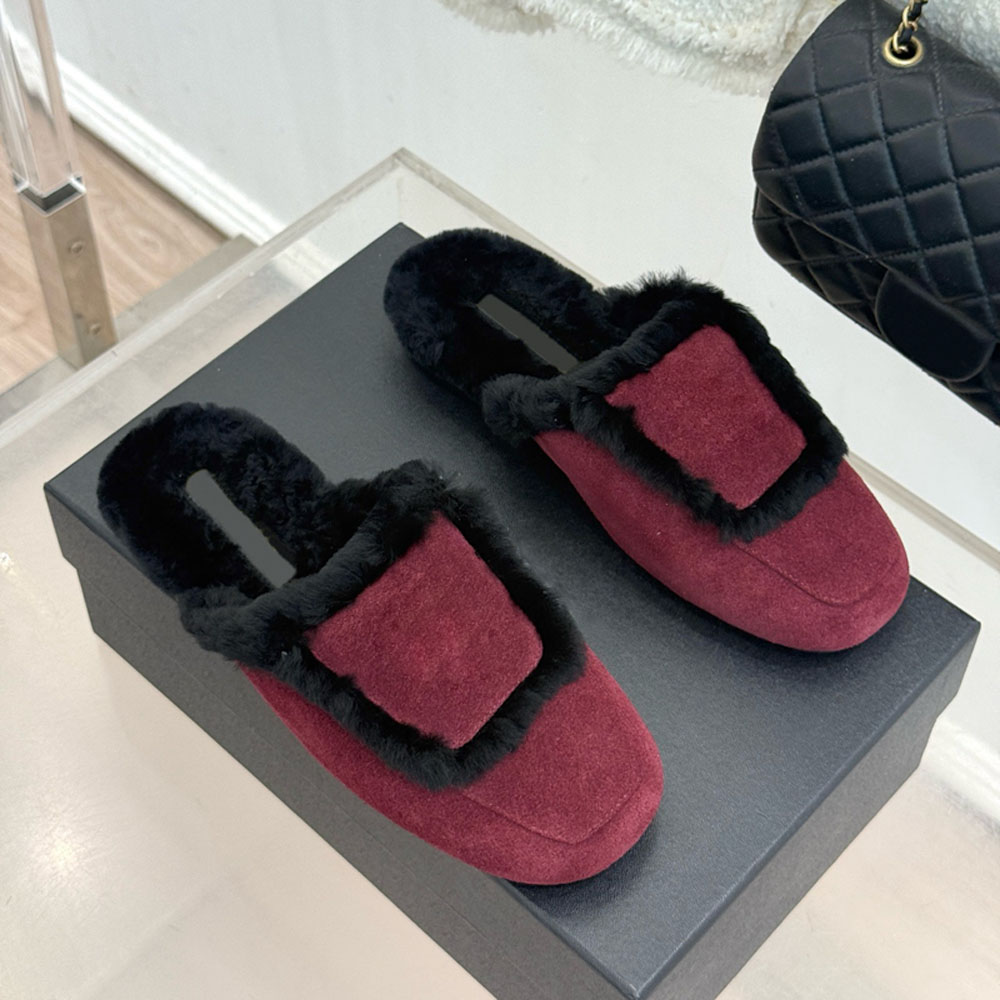 suede Flat bottomed shearling mule slippers autumn and winter keep warm Closed toe Slippers casual slip on flats for Calfskin women Luxury Designers