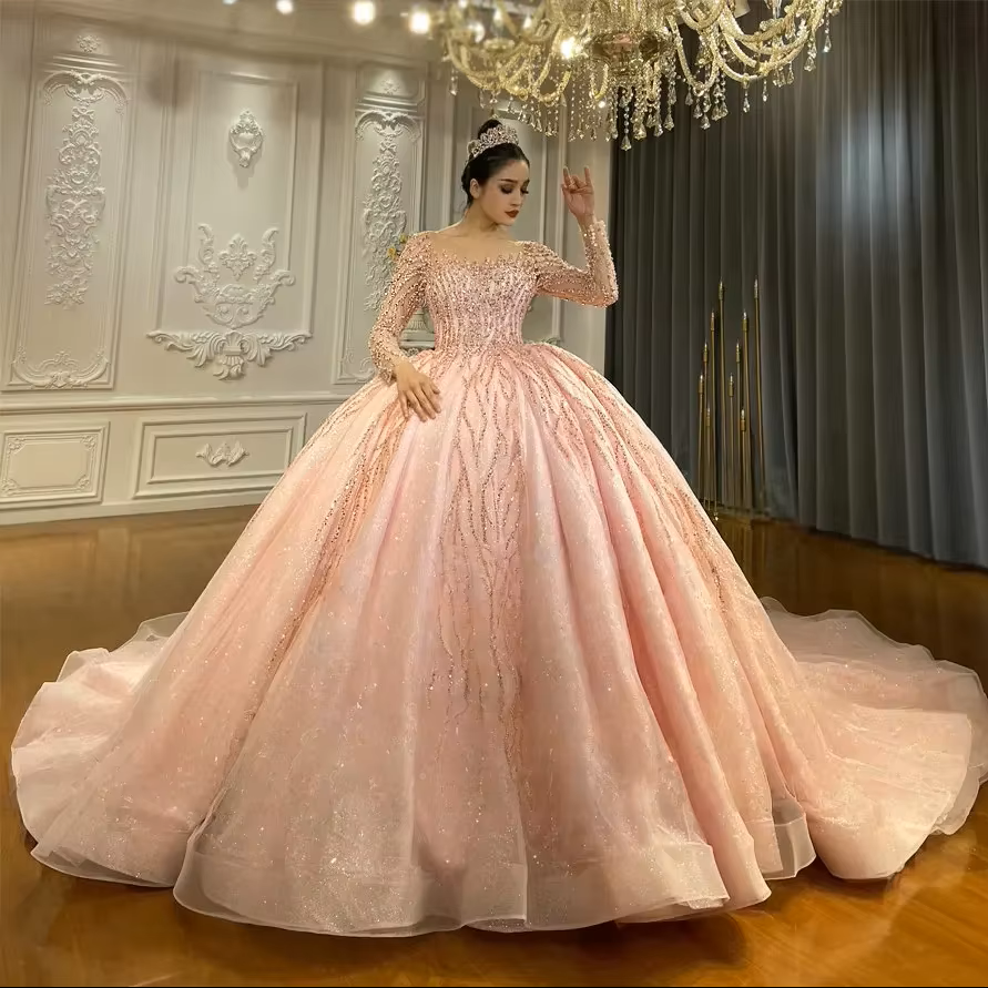 Luxury Blush Pink Quinceanera Dresses 2026 Sparkling Beaded Lace Long Sleeves Princess Sequins Girl Pageant Wear Sweet 15 16 Birthday Gowns Vestidos