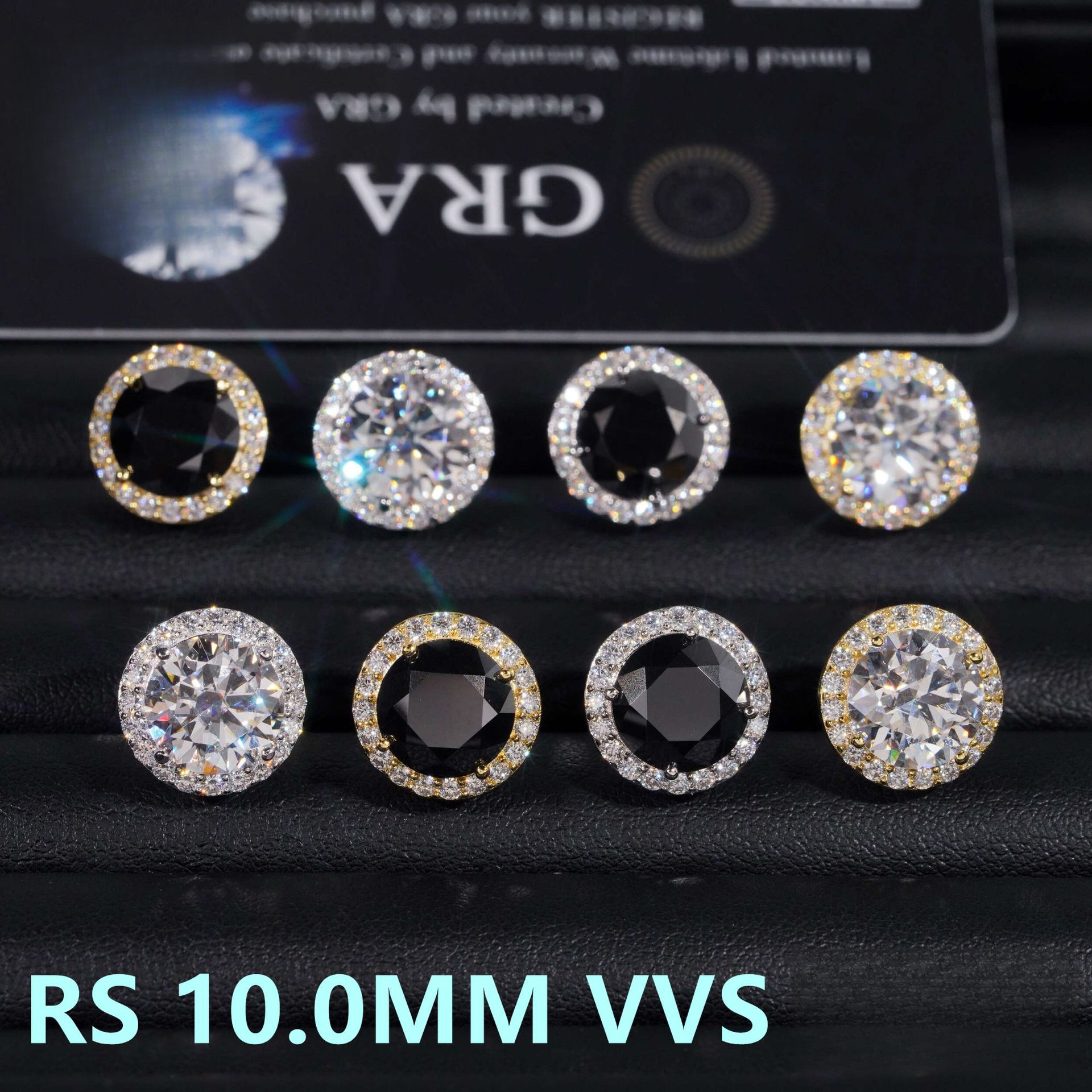 in-stock S925 silver moissanite earrings, 10.0mm, VVS1 clarity, multi-colored halo setting