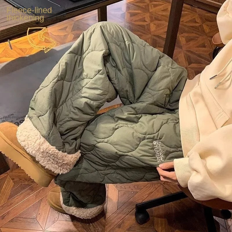 Heavy Winter Cotton Waterproof Splicing Lamb Fleece Pants for Men and Women Solid Color Diamond Grid Embroidered Clip Co 261017