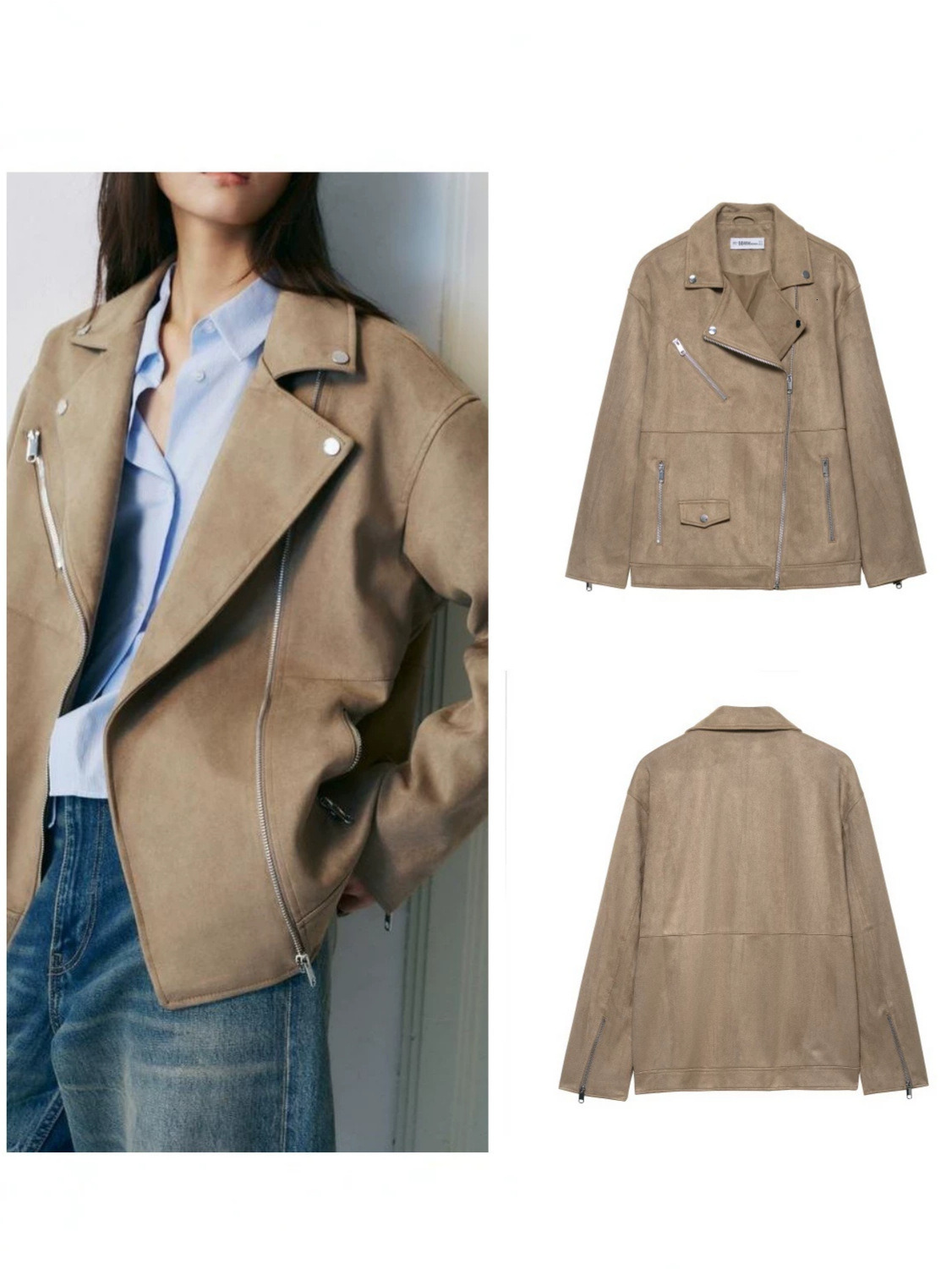 New autumn/winter European and American women's clothing: velvet-effect, collared, long-sleeved motorcycle jacket, solid color, versatile outer