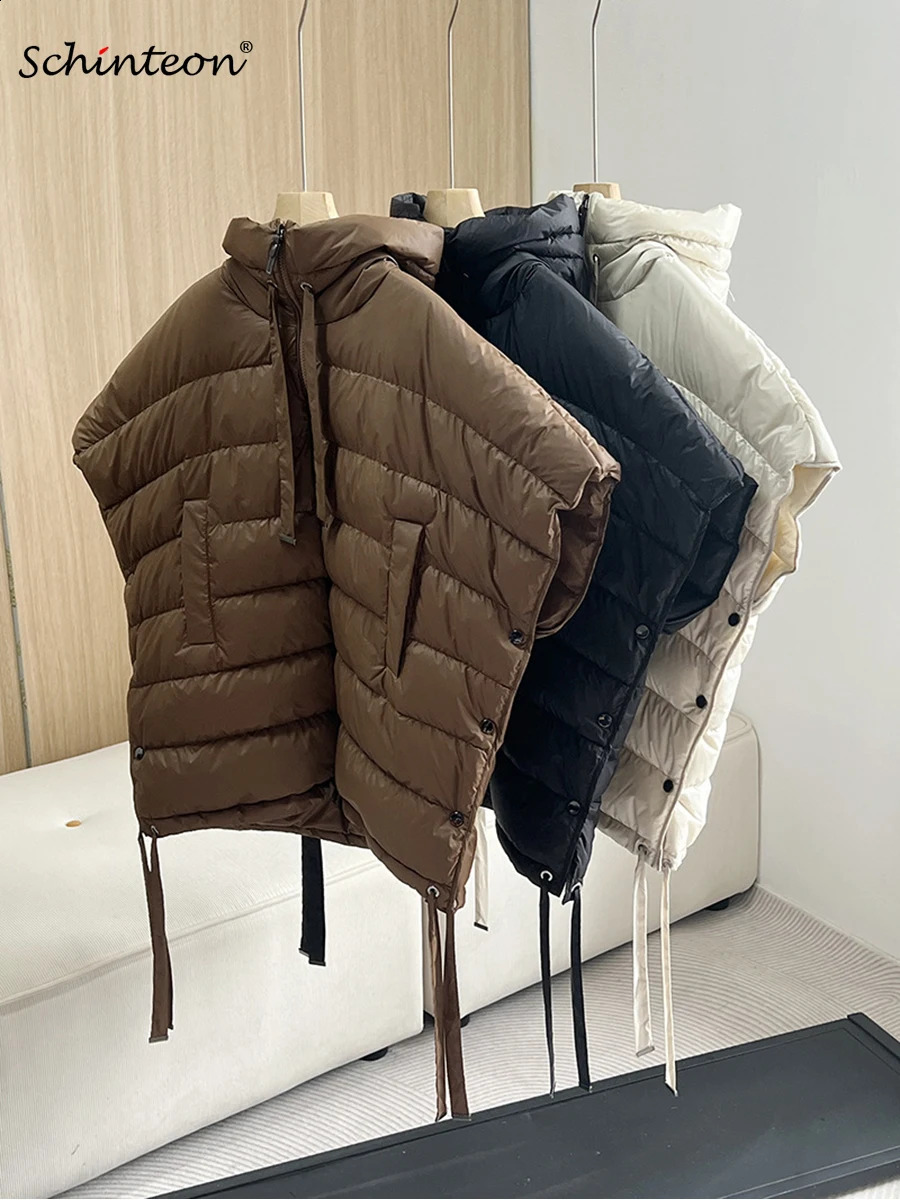 Schinteon Women 90% White Duck Down Irregular Vest with Hood Sleeveless Jacket Solid Fashionable Autumn Winter Top 261013