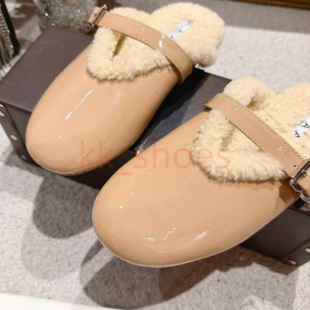 Designer Patent Leather Fur Mules Women Winter Luxury Slippers Wool Fleece Mary Jane Flat Lazy Loafers Buckle Strap Slides Warm Clogs Shoes size 35-