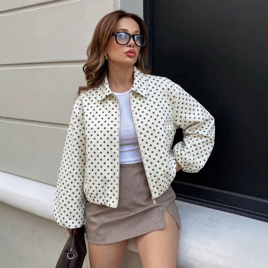 Women 2026 New Autumn Polka Dot Long Sleeve Loose Jacket European American Style Trendy Casual Soft Breathable Daily Street Outerwear For Ladies