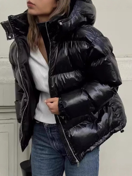 Foreign trade, Instagram-style, European American fashion, new winter collection, elegant and versatile, solid-color, stand-up collar, hooded, shiny