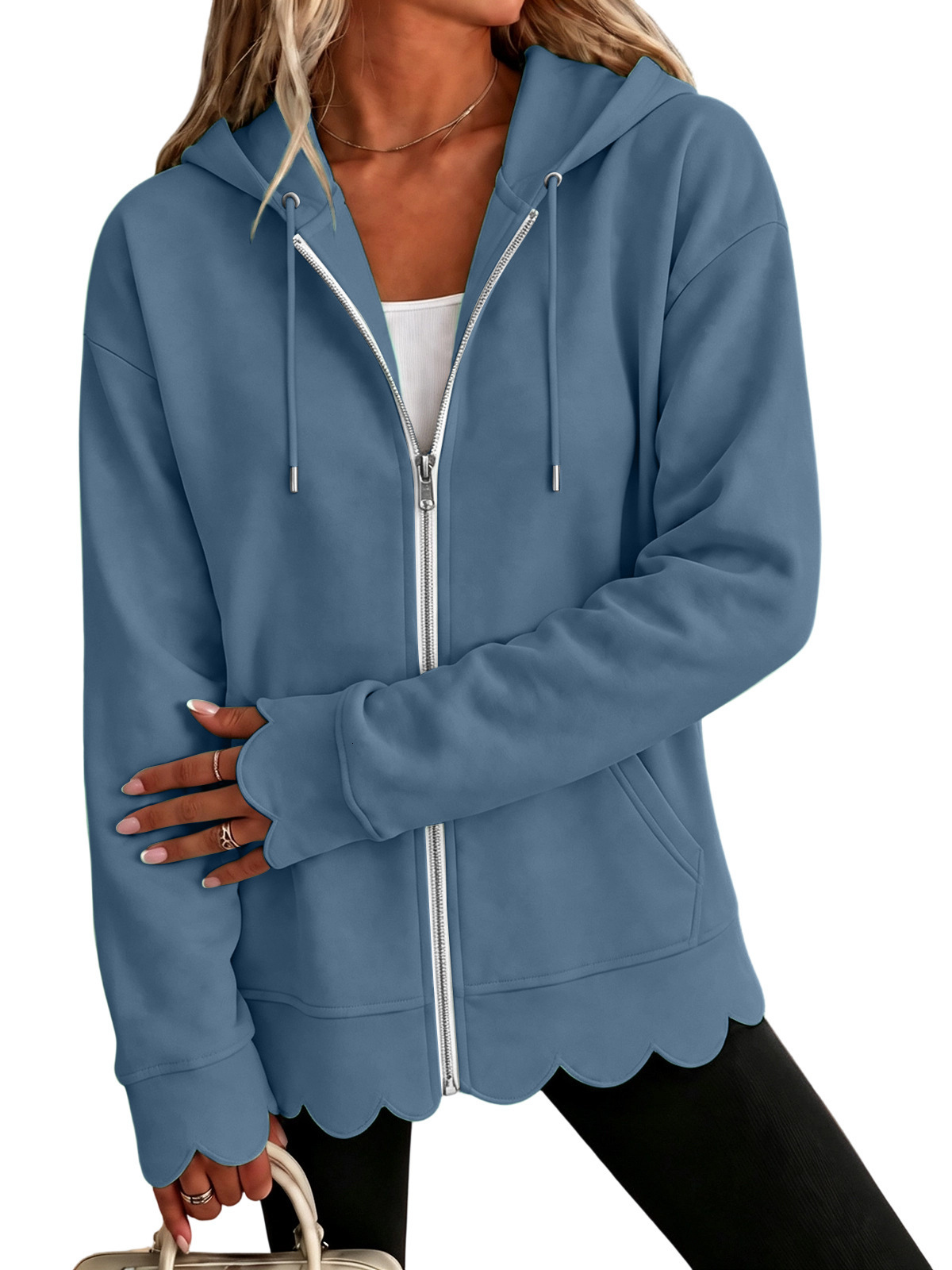 Women 2026 Autumn Winter New European American Style Solid Color Long Sleeve Hooded Cardigan Wavy Hem Loose Fit Trendy Soft Casual Daily Street Oute