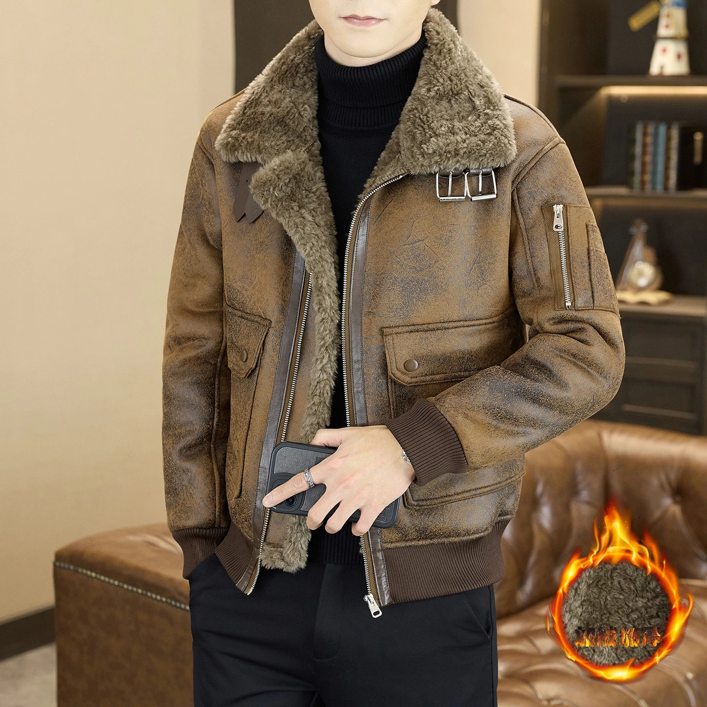 2025 Winter Fur Integrated Leather Jacket Men Thick Velvet Coat Loose Motorcycle Casual Streetwear 261014