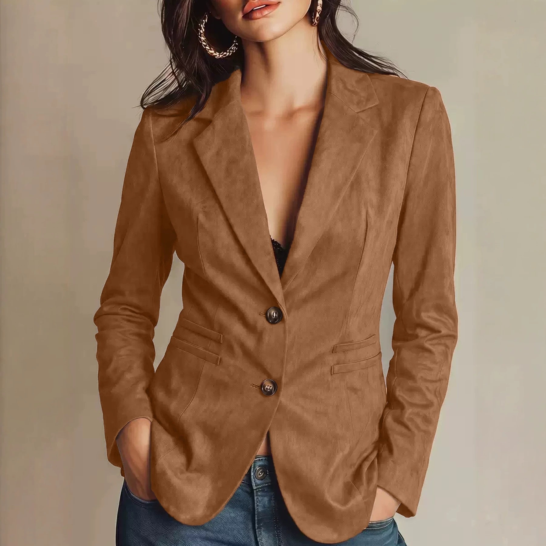 Women European American Style Vintage Elegant Suede Single Breasted Jacket Trendy Soft Comfortable Casual Daily Street Outerwear For Ladies