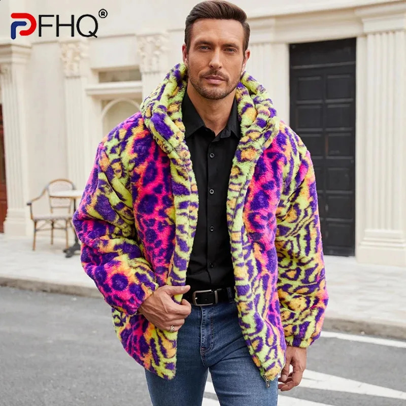 PFHQ Trend Men's Faux Fur Jacket Colorful Leopard Print Plush ColorBlock Warm Thickened n High Street Male Coats 21P1299 261012
