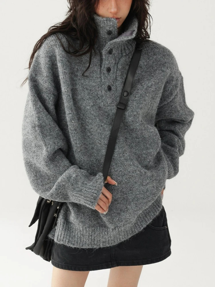 2026 Autumn Loose Lazy Fit Thick Warm Stand Collar Knit Sweater Korean Solid Color Button Half Placket Turtleneck Women Pullover 261008