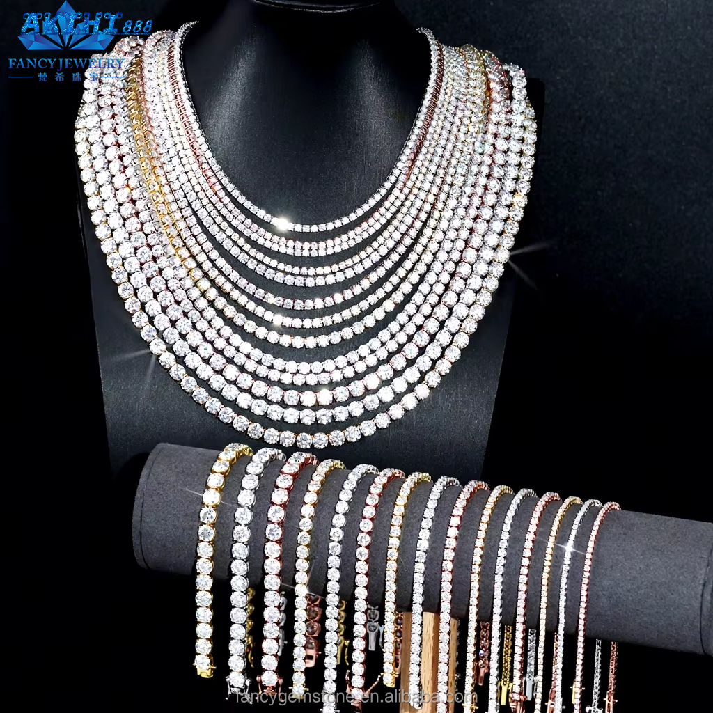 GRA Certificate 18K Real Solid Gold Plated 2MM 3MM 4MM 5MM 6.5MM Moissanite Silver Tennis Chain Necklace S925 for Men Women