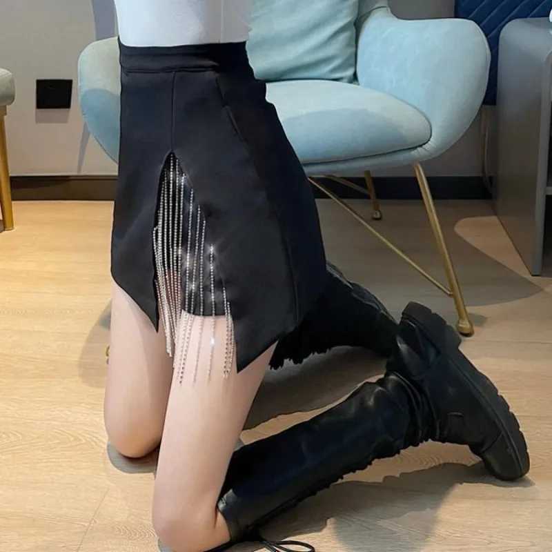 Irregular Skirts Women's Skirt Rhinestone Coquette Black Female Skirts with Slit V Clothing Trend 2025 Y2k Vintage Aesthetic Stylish W261017