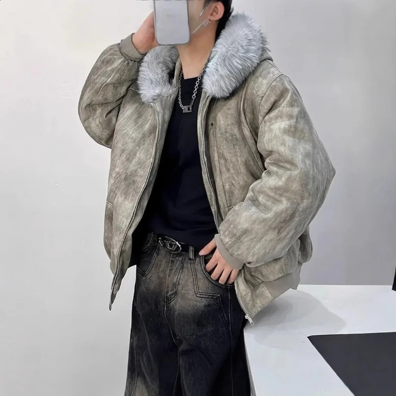 men's vintage faux leather jacket with an oversized fur collar; a thick warm zippe casual 261013