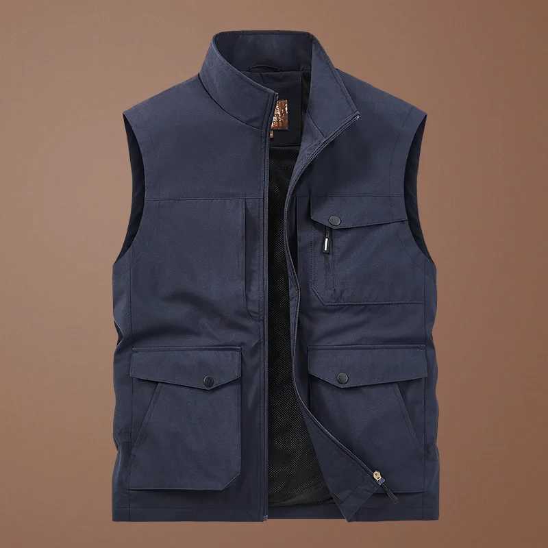 Thin Men's Vests Tooling Men's Loose Quick Drying Vest Men's Outdoor Sports Coat Multi Pocket Stand Collar Vest Spring Camping Fishin
