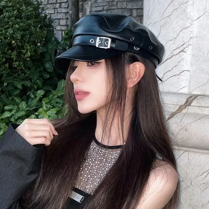 Fashion British Style Berets Visor Women Black Pu Leather Flat Top sBoy Hip Pop Cap sboy Cap Outdoor Sunscreen Hat261016