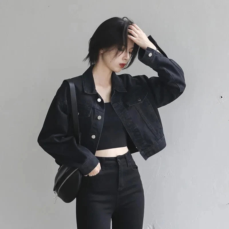 Womens Jackets Coat Spring Vintage Street Loose Black Denim Long Sleeve Top Versatile Outerwear 261016