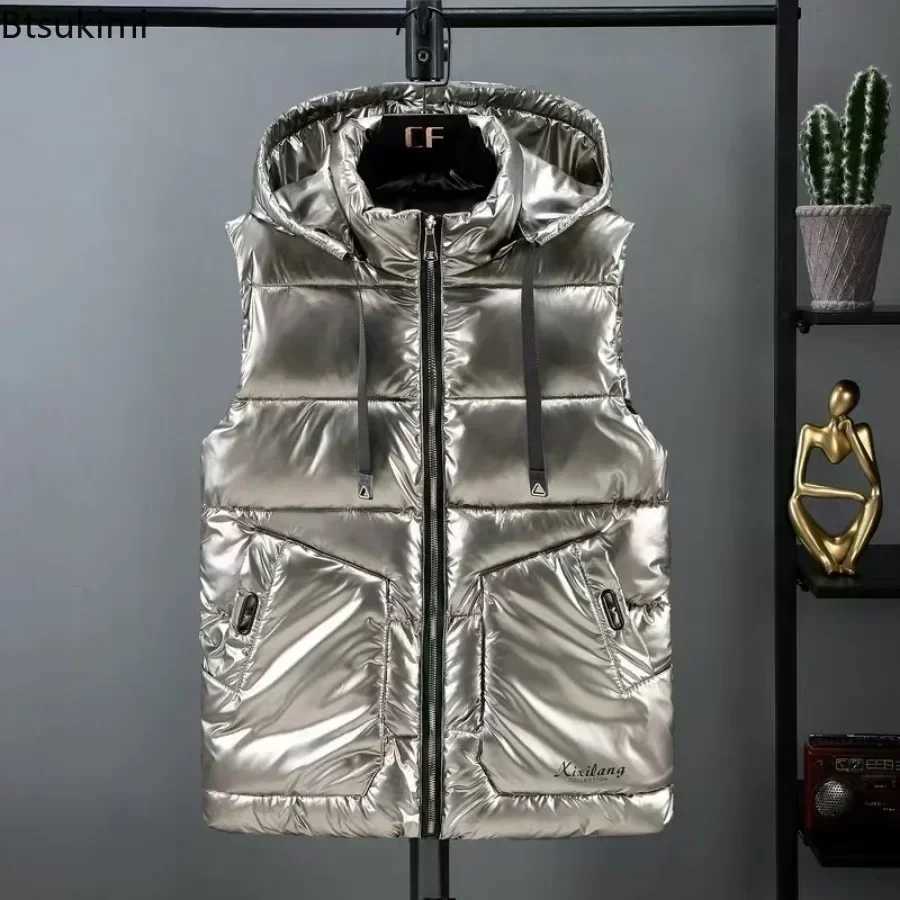 Vests New 2026 Men's Men's Glossy Hooded Vest Autumn Winter Thicken Windproof Warm Casual Waistcoat Fashion Handsome Down Cotton Parkas Ve