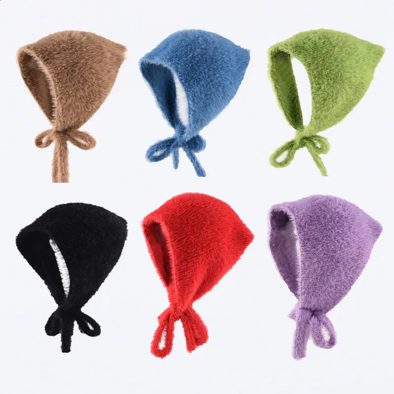 French Style Headscarf For Women in Autumn And Winter Warm Plush Knitted Yarn Triangular Scarf Cute Tie Headband Hat261016