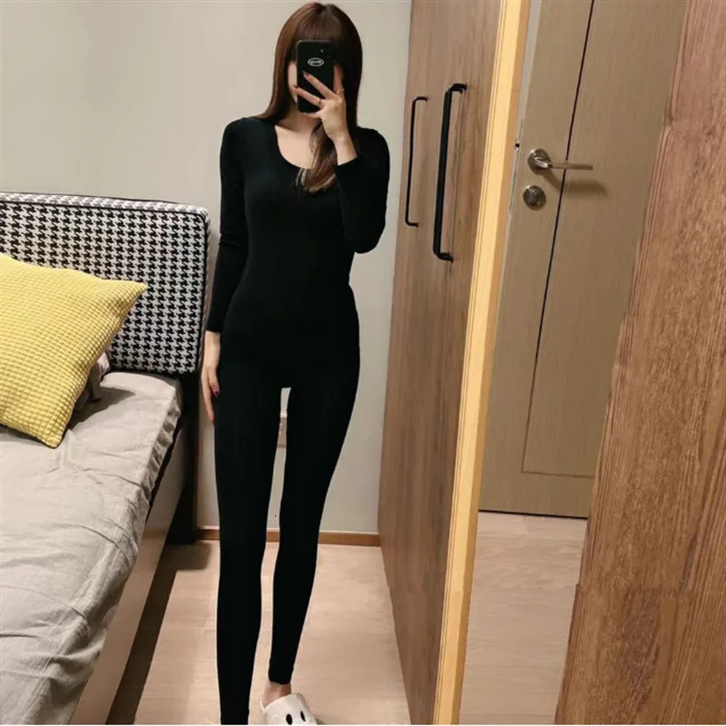 Women Mask Thermal Underwear Slim Fit Solid Color Top Bottom for Young Fashionable TwoPiece Set Women's 261012