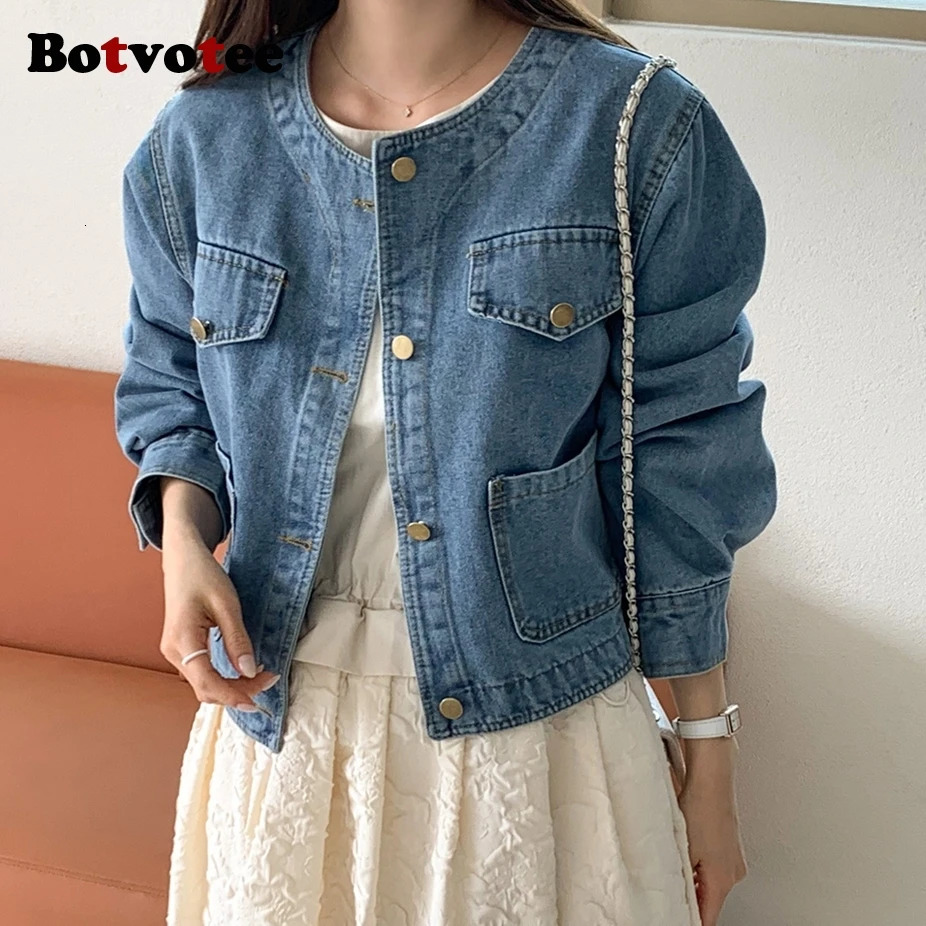 Botvotee Denim Jean Jacket for Women Vintage Pocket O Neck Long Sleeve Button Dowm Jeans Jackets Fall Spring Outwear 261016