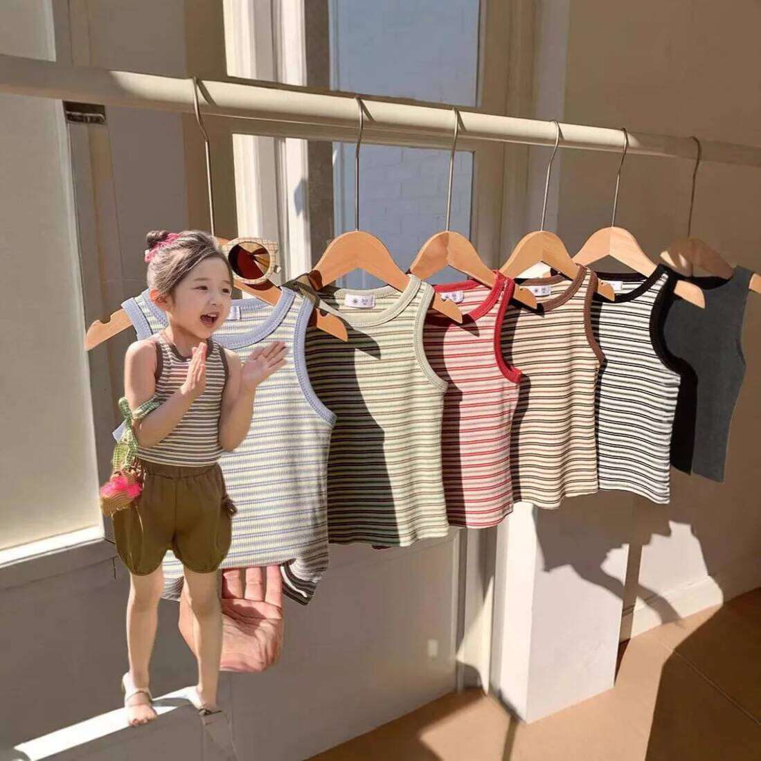 Girls Hoodie Summer Retro Children Girl Stripe Slip Tees Cotton Round pullover Collar Infant Babys Tank Thin Casual Kid Girls Sleeveless Crew Neck S
