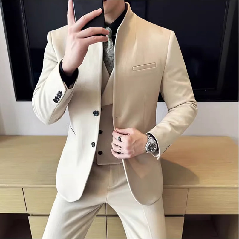 Chinese Standup Collar Woolen Suit Autumn Winter Mens Business Casual Groom Wedding Slim Fit Tuxedo JacketPants 261017