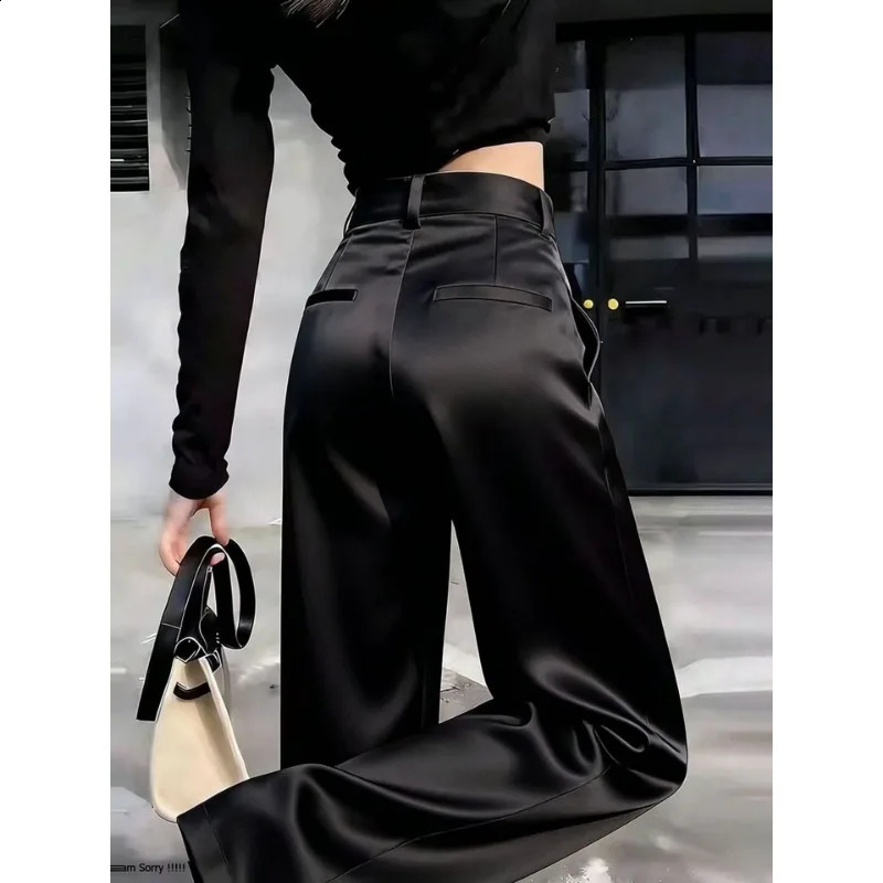 Women High Waist Black Acetate Satin Wide Leg Suit Pants Slim Elegant Casual Trousers Spring Summer 260928