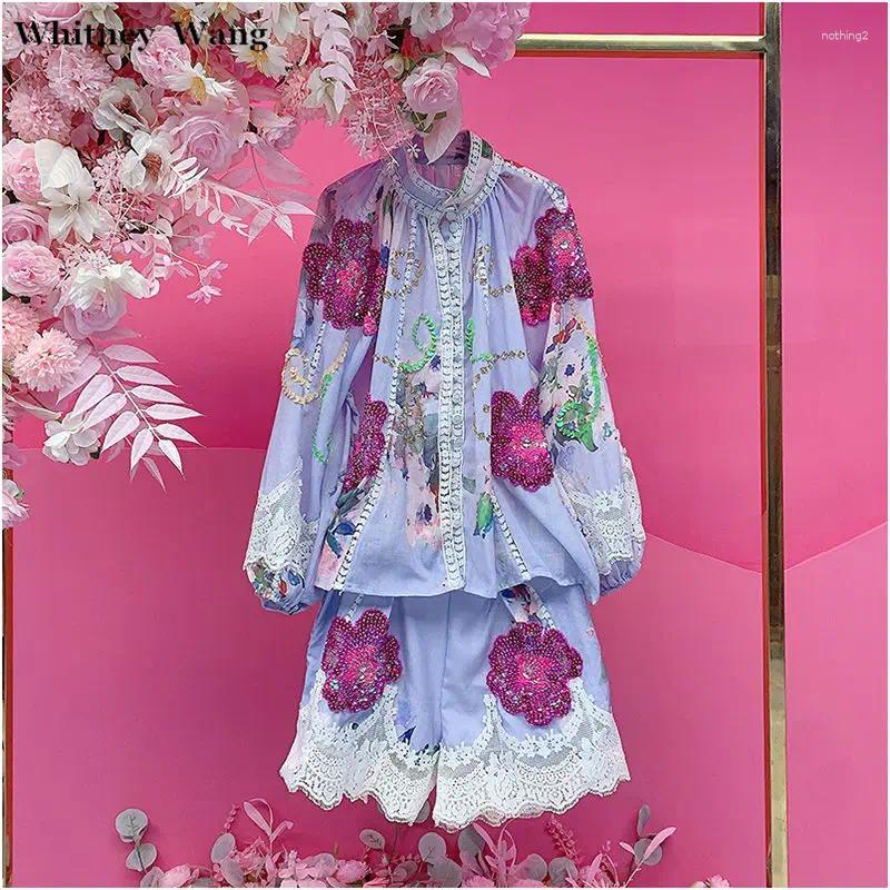 Designer Style 2026 Autumn Fashion Streetwear Sequins Beading Florals Vintage Blouse And Shorts Women 2 Pieces Sets