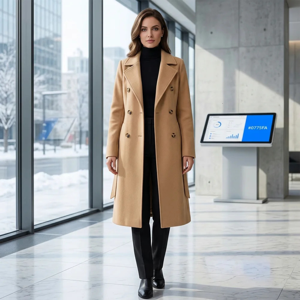 Women Coat Windbreaker Women's Midlength Wool with Belt Double Breasted Notched Lapel Trench Overcoat Warm Fall 261010
