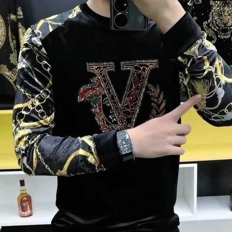 Spring Autumn Men's Flower Sleeve Bottom Shirt Versatile Hot Diamond Sweater Slim and Skinny T-Shirt Long sleeves