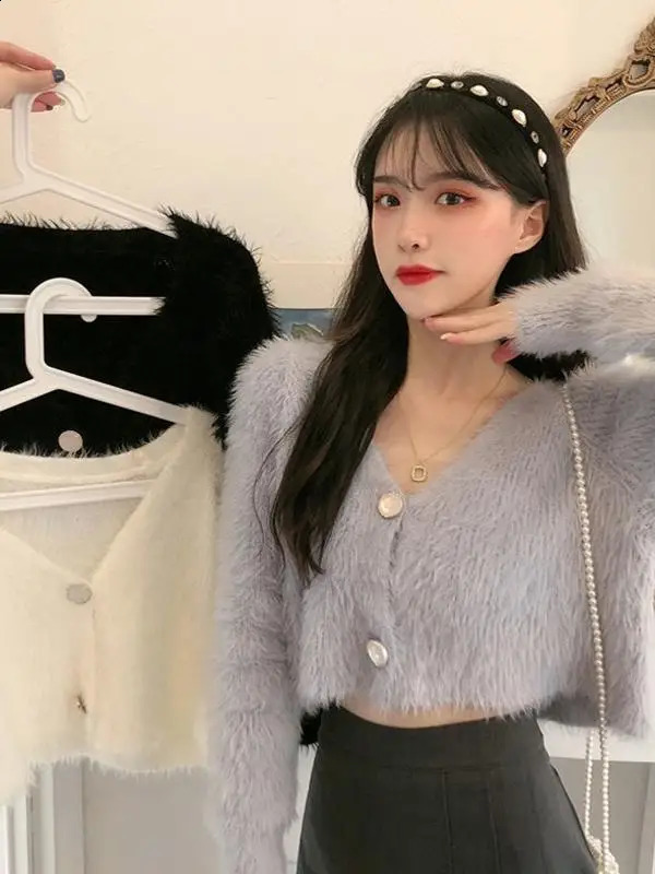 Loose Women's Vneck Open Cardigan Faux Mink Knitted Sweater Short Outerwear Spring Autumn Winter Style Korean 261008