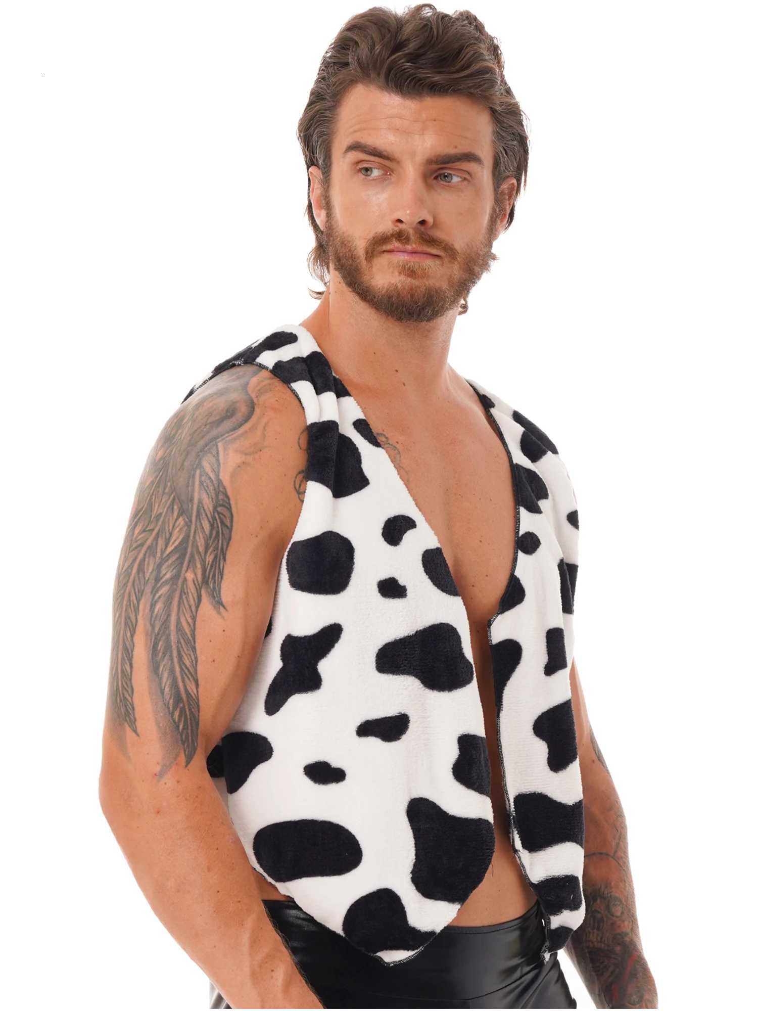 Vests Men's Cow Print Men's Adult Vest Festival Christmas Costume Sleeveless Open Front Flannel Short Waistcoat Vintage Hippie Costume Ves