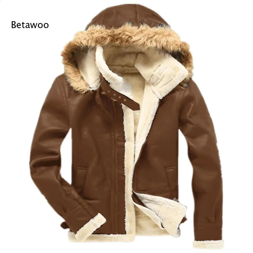 Men Hooded Faux Leather Jacket Furry Trim Sherpa Lined Warm Winter Coat With Pockets For Cold Weather Daily Outdoor Wear 261013