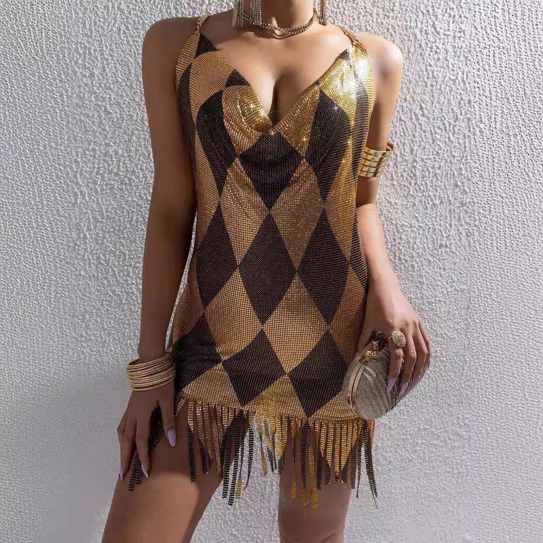 Women European American Summer Sexy Backless Fashion Metallic Panel Sleeveless Bodycon Dress