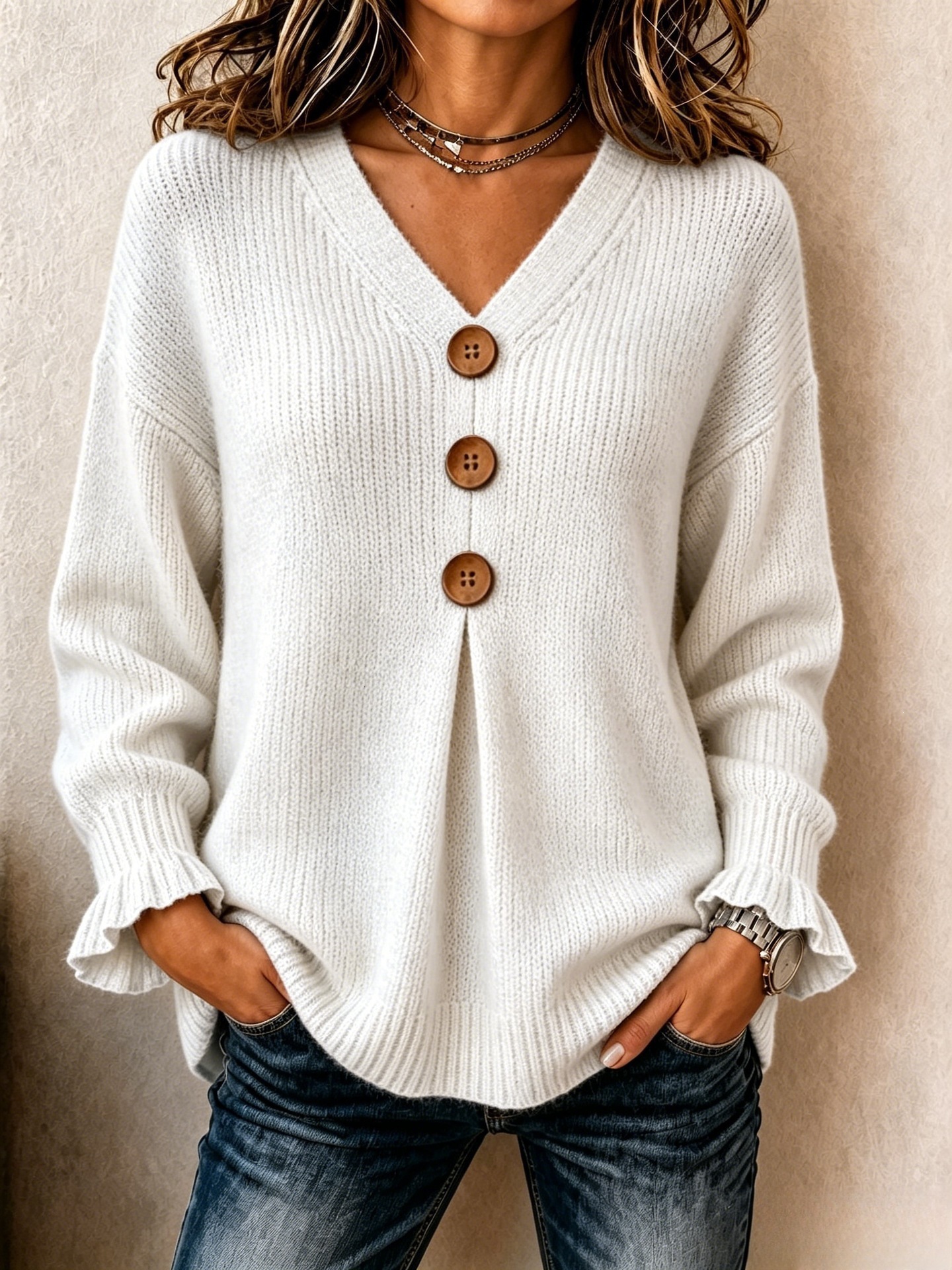 2026 Autumn And Winter New Designer Hot Selling Solid Color Women's Knitted Long Sleeved Sweater V-neck Pleated Sleeve Pullover Sweater