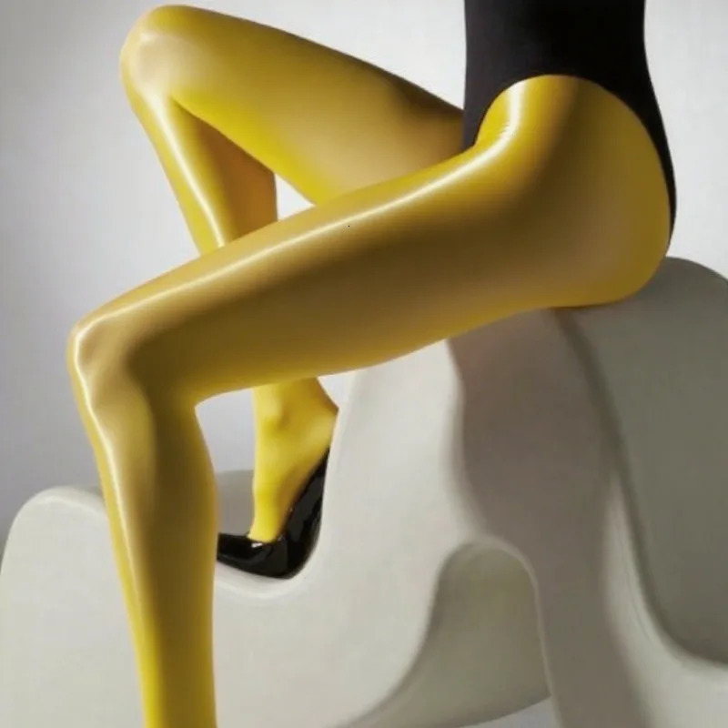 Plus Size Women'S Yellow Oil Slick Tights High Waisted Glossy Finish Pantyhose Leggings Elastic Sexy Sheer Long Socks 261015