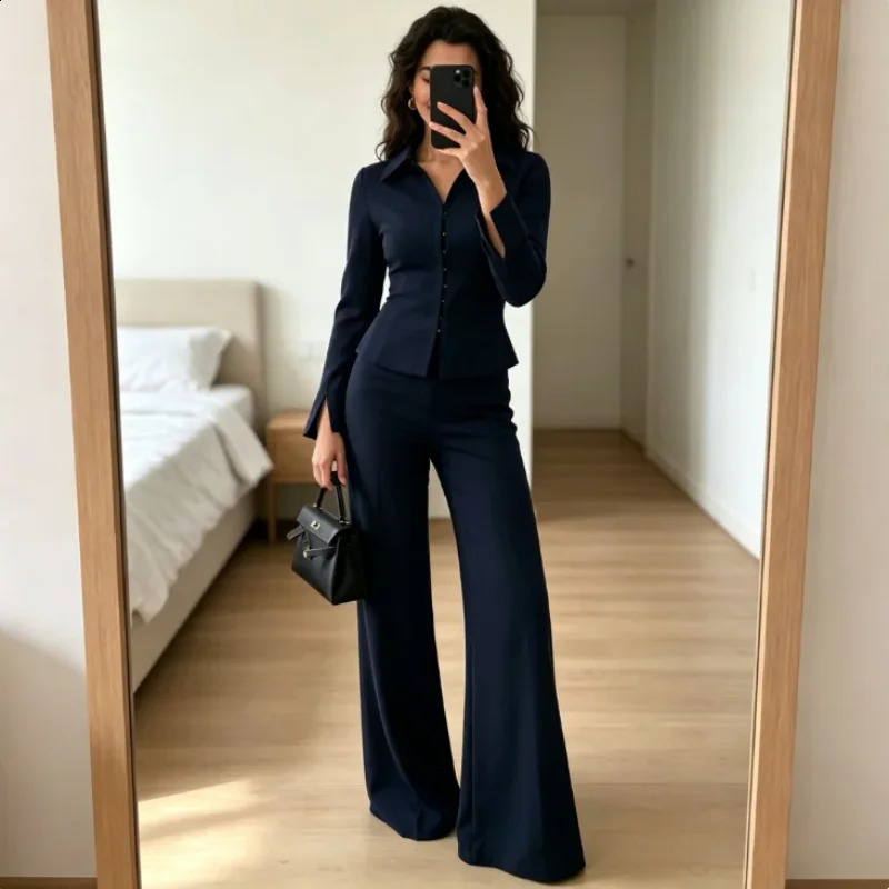 Black Business Suit For Women Commute Office Chic Hide Button High Waist Flared Pants Slim Fit Trim Autumn Elegant Lady Sets 261013