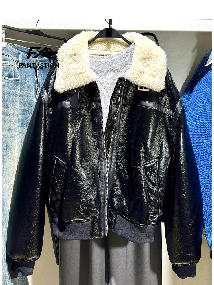 FANTASTION y leather jackets Coat Fur Turn down collar Faux fleece warm man winter coats Men's clothing 261014
