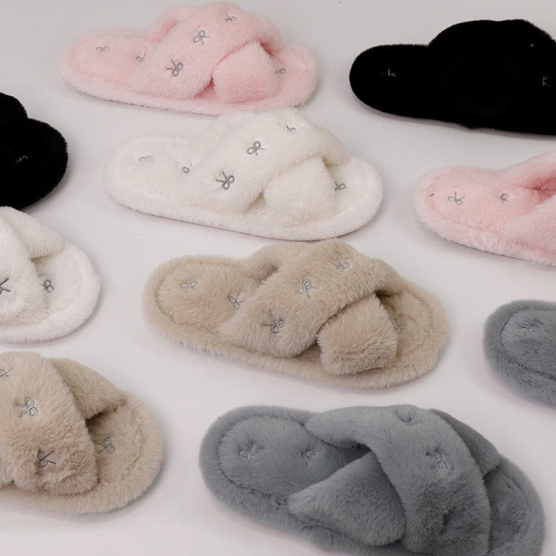 2026 New New Cross Strap Plush Slippers Autumn And Winter Thick Soled Embroidered Indoor Home Shoes For Women Free Shipping Free Shipping