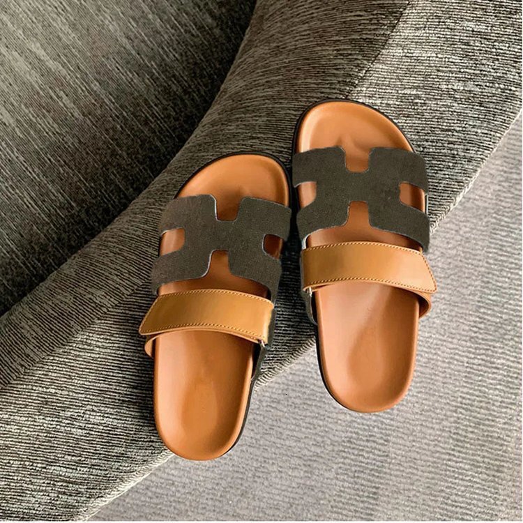 New Women H Shape Leather Sandals Flat Slides Summer Casual Beach Slippers Luxury Fashion Outdoor Comfortable Non-slip Daily Wear Shoes