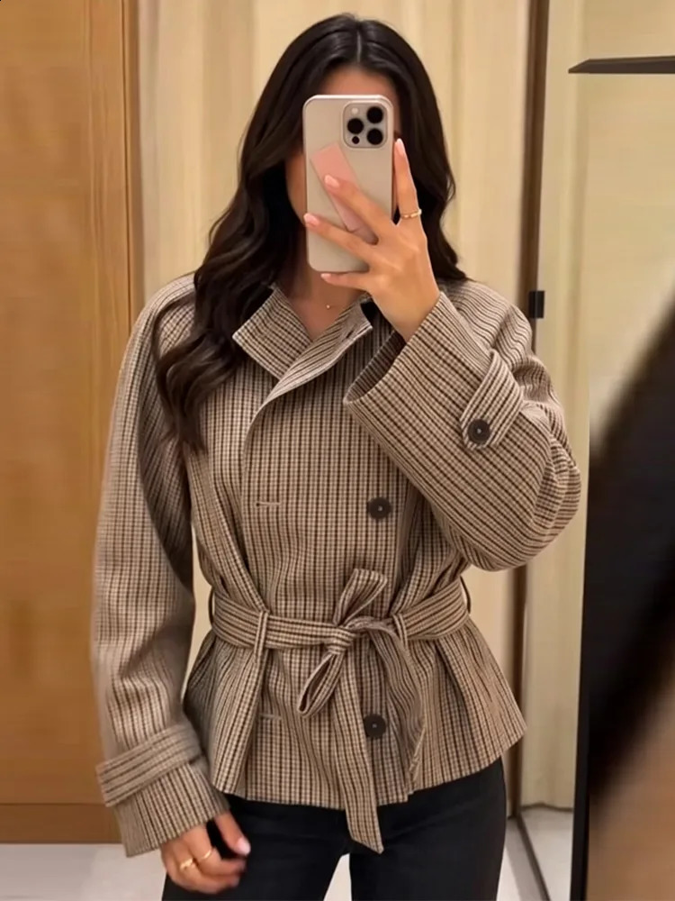 Plaid Womens Outerwear Lapel Double Breasted Trench Coat Belted Raglan Sleeve Jacket French Vintage Style Daily Fashion Wear 261017
