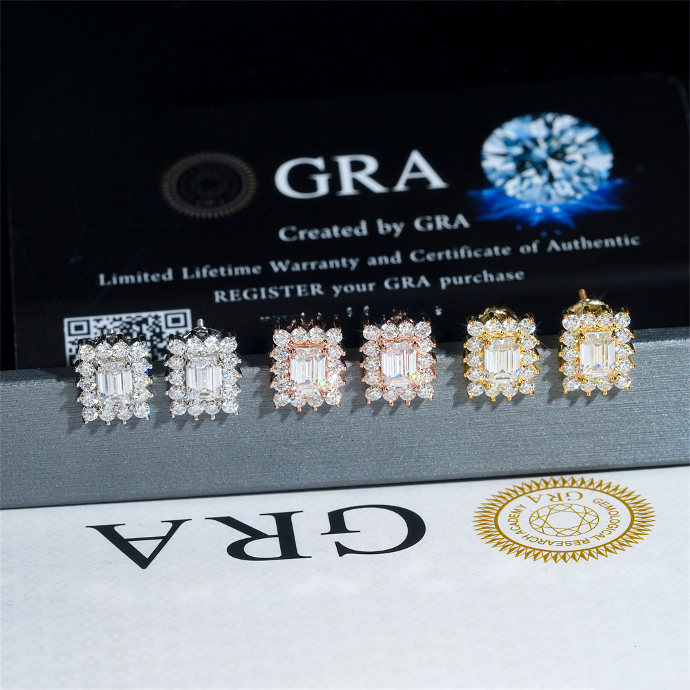 hip-hop emerald-cut earrings, 925 sterling silver, geometric square design, high-end style, D-color moissanite earrings