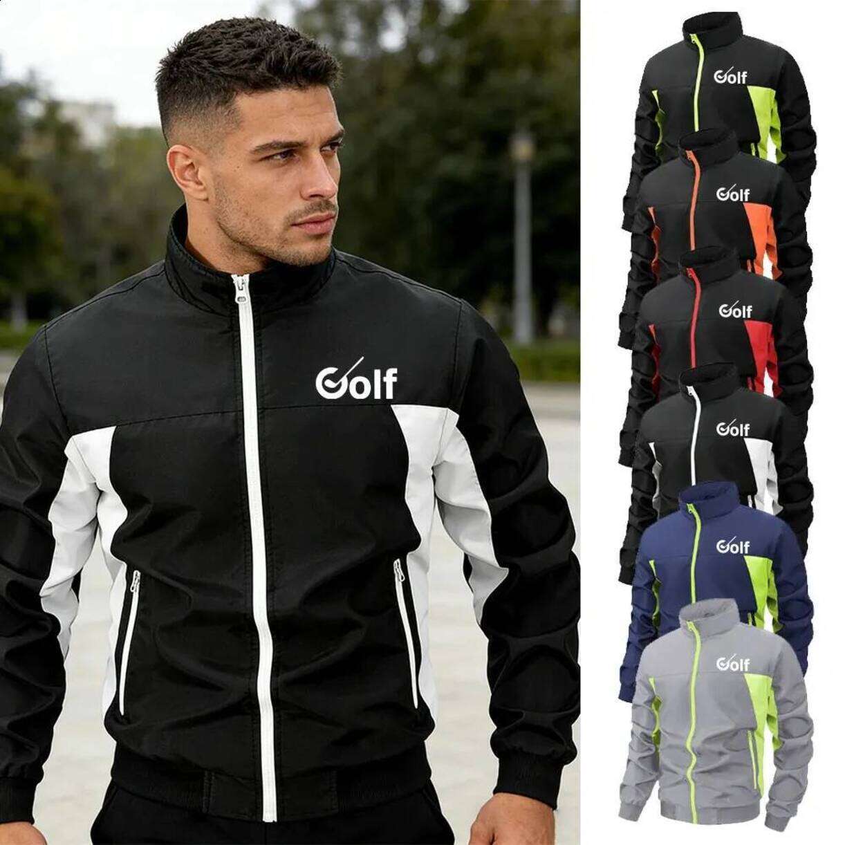 Professional Performance fourway stretch softshell outerwear * Golf Jackets Mens Golf Print Stand Collar Zipper Jacket Windproof Breathable Outdoor