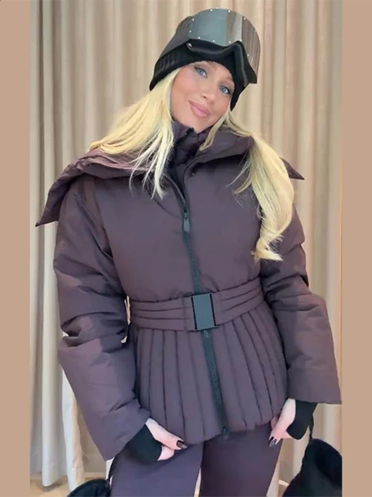 Women Peplum Ski Jackets Hooded Stand Collar Belt Waist Zipper Solid Puffer Jacket Fashion Sheath Warm Sport Winter Skiwear 261017